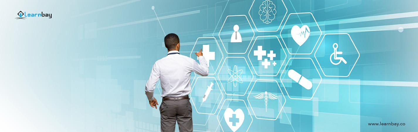 A banner image of a person standing in front of a screen, analyzing various domains from the data science job.