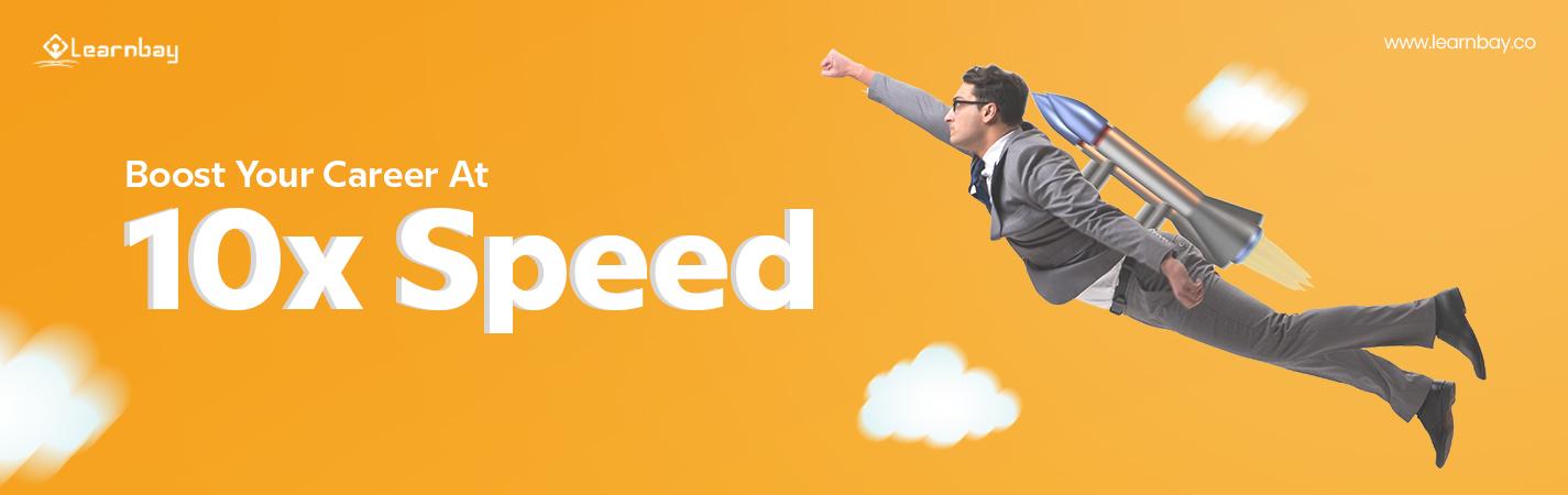 A man with a rocket launcher at his back is flying high, indicating IBM data science professional certificate can boost a career at 10x speed. An illustration of artificial intelligence (AI) bot seated in front of a laptop represents the use of cloud computing. 