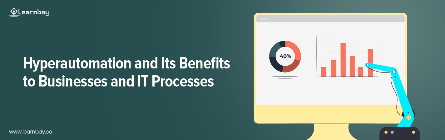 A desktop monitor displays a pie chart and a bar graph, side-by-side. The accompanying text reads, 'Hyperautomation and Its Benefits to Businesses and IT Processes.'