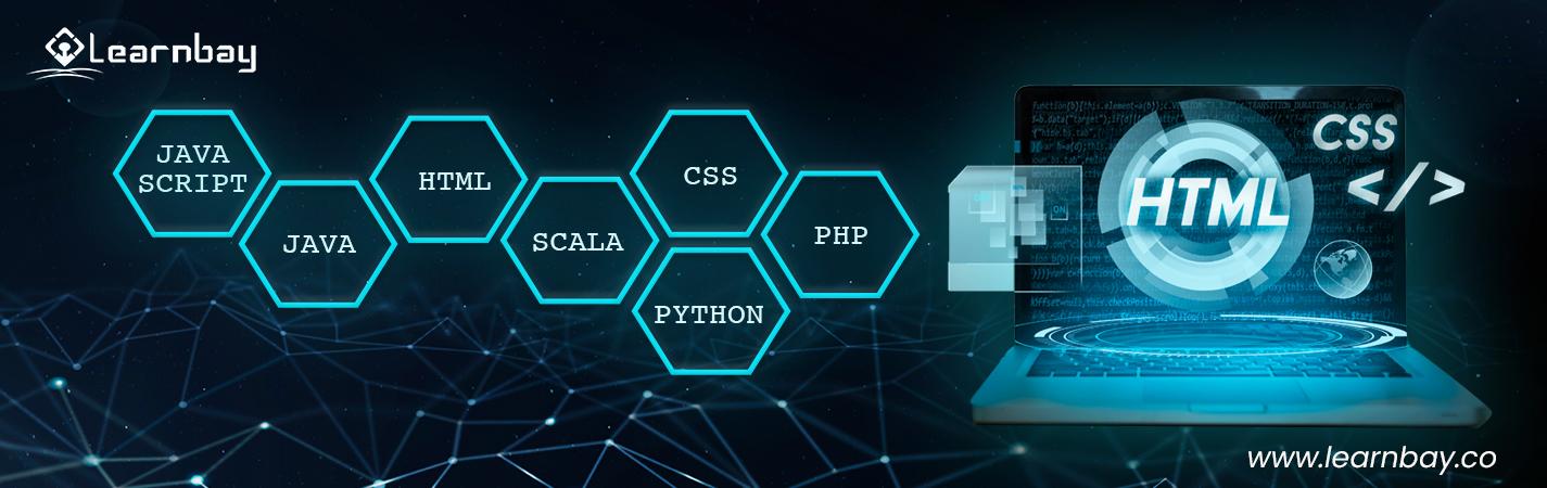 An illustration of a laptop with HTML and CSS code running, along with seven different web development languages such as JAVASCRIPT, JAVA, HTML, SCALA, CSS, PYTHON, and PHP.