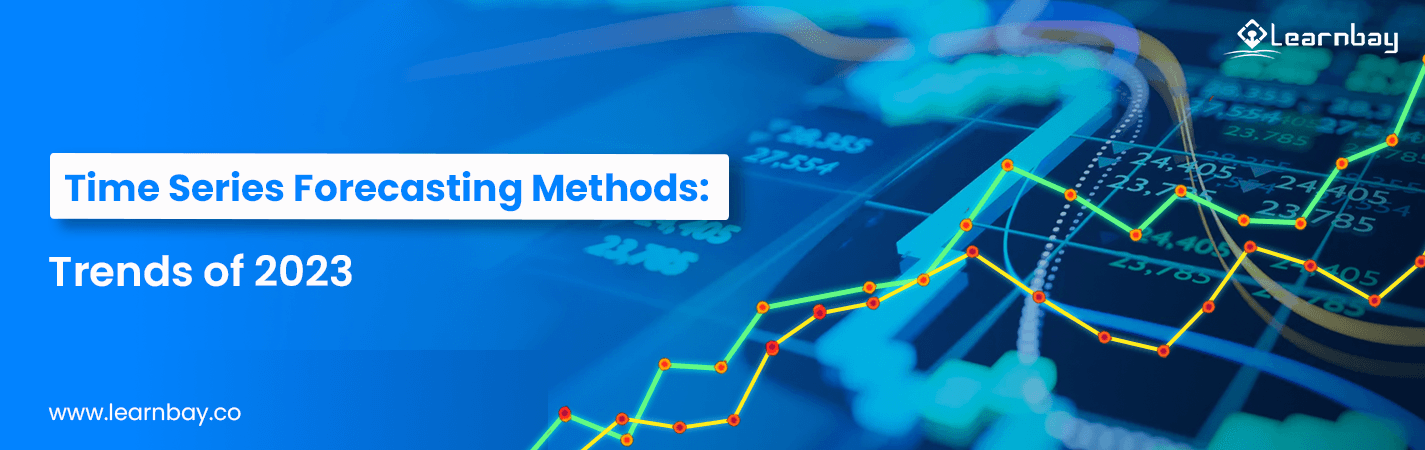 A banner image titled "Time Series Forecasting Methods | Trends for 2023" shows a green and a yellow line graph for time series forecasting.