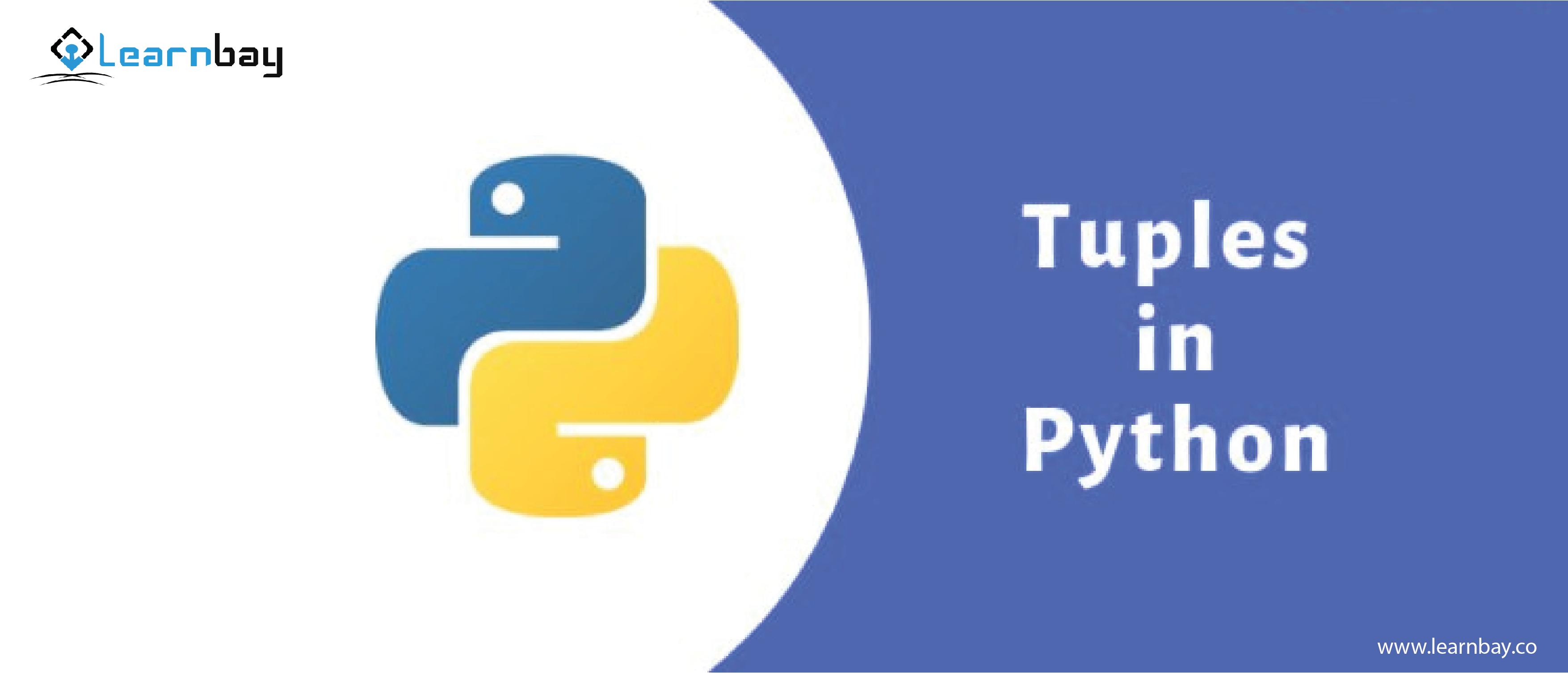 A banner image titled, 'Tuples in python' on the right. The left side contains a logo of Python. 