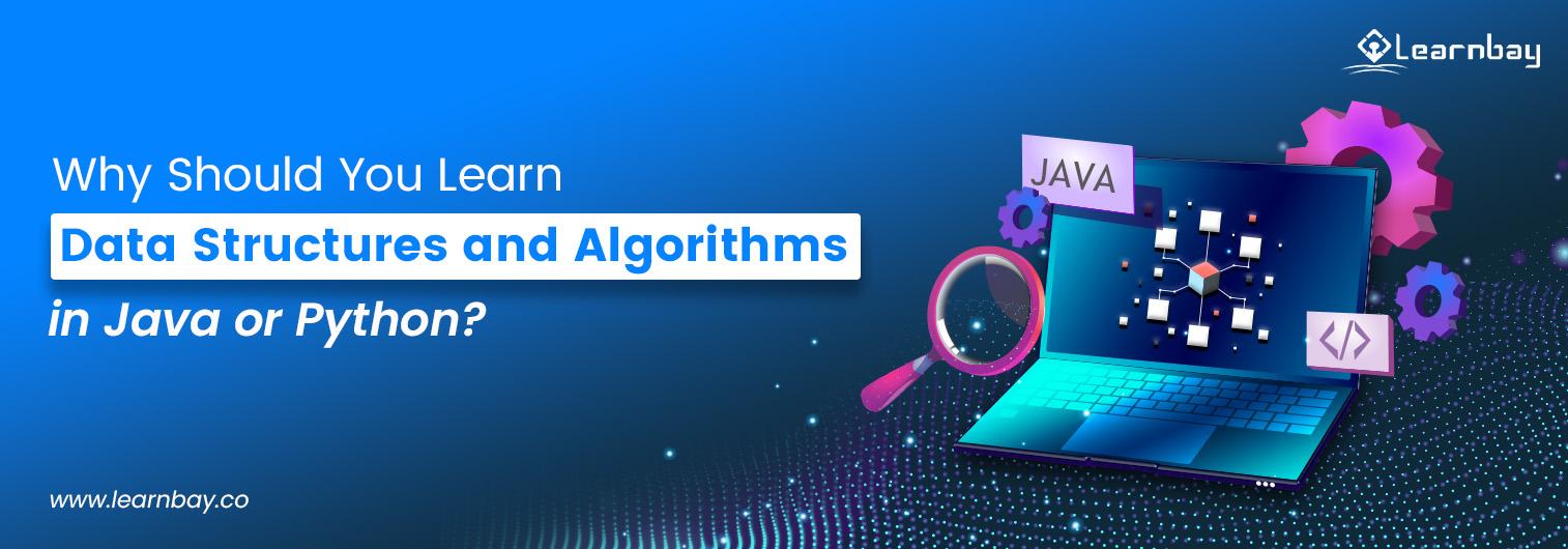 A banner image titled 'Why Should You Study Data Structures and Algorithms in Java or Python?' shows a laptop with a magnifying lens recommending several programming languages.