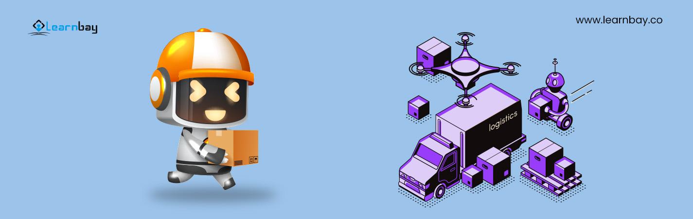 An AI-based robot holding a delivery package approaches a logistic van.