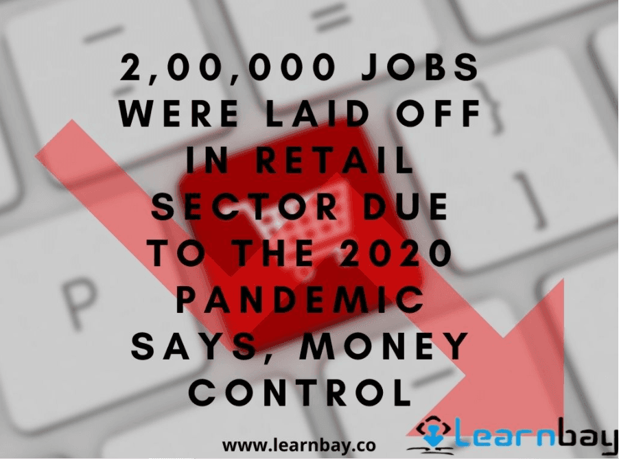 An image titled, '2,00,000 JOBS WERE LAID OFF IN RETAIL SECTOR DUE TO THE 2020 PANDEMIC SAYS,MONEY CONTROL'. The image also shows a downward trend and a shopping kart logo.