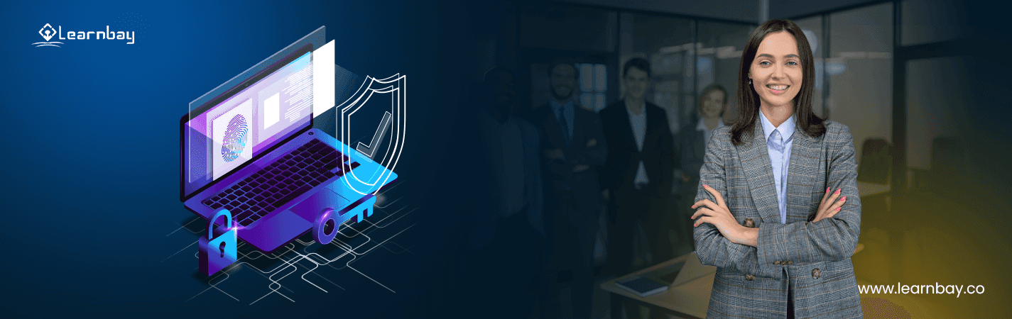 A banner image is divided into two halves. The first half shows the application of AI and cybersecurity on a laptop, and the second half shows an AI professional standing in the front leading a team.