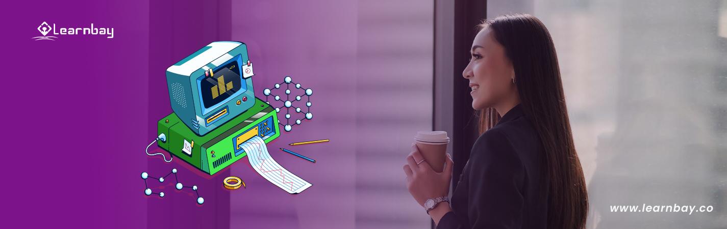 A banner image portrays a woman standing in front of a computer, dreaming of a career in data science.