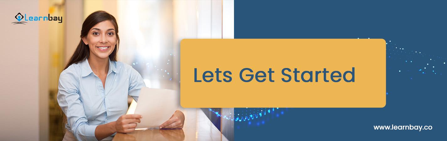 A banner image shows a woman seated with a job offer as a full-stack software developer. The text reads, 'let's get started.'