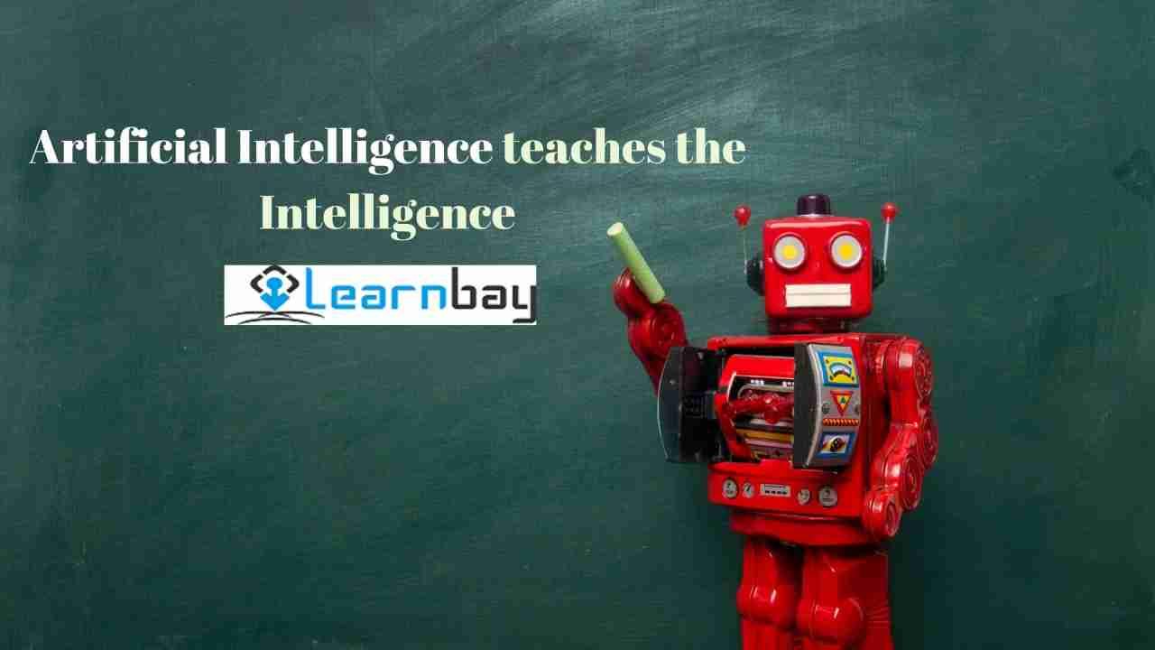 An image titled, 'Artificial Intelligence teaches the Intelligence' shows an AI-based robot standing with a check in front of a green board.