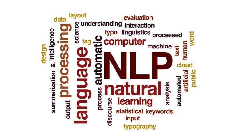 A banner image titled 'NLP' and various types of features in NLP, such as statistical keywords, evaluation interaction, summarization, typography, etc.